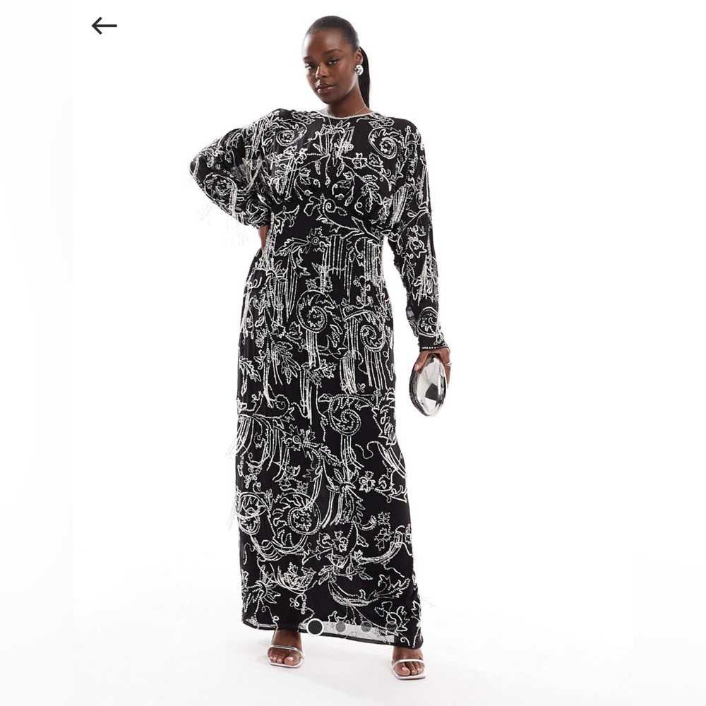 Asos Design Curve Long Sleeve fringe embellished maxi dress in black